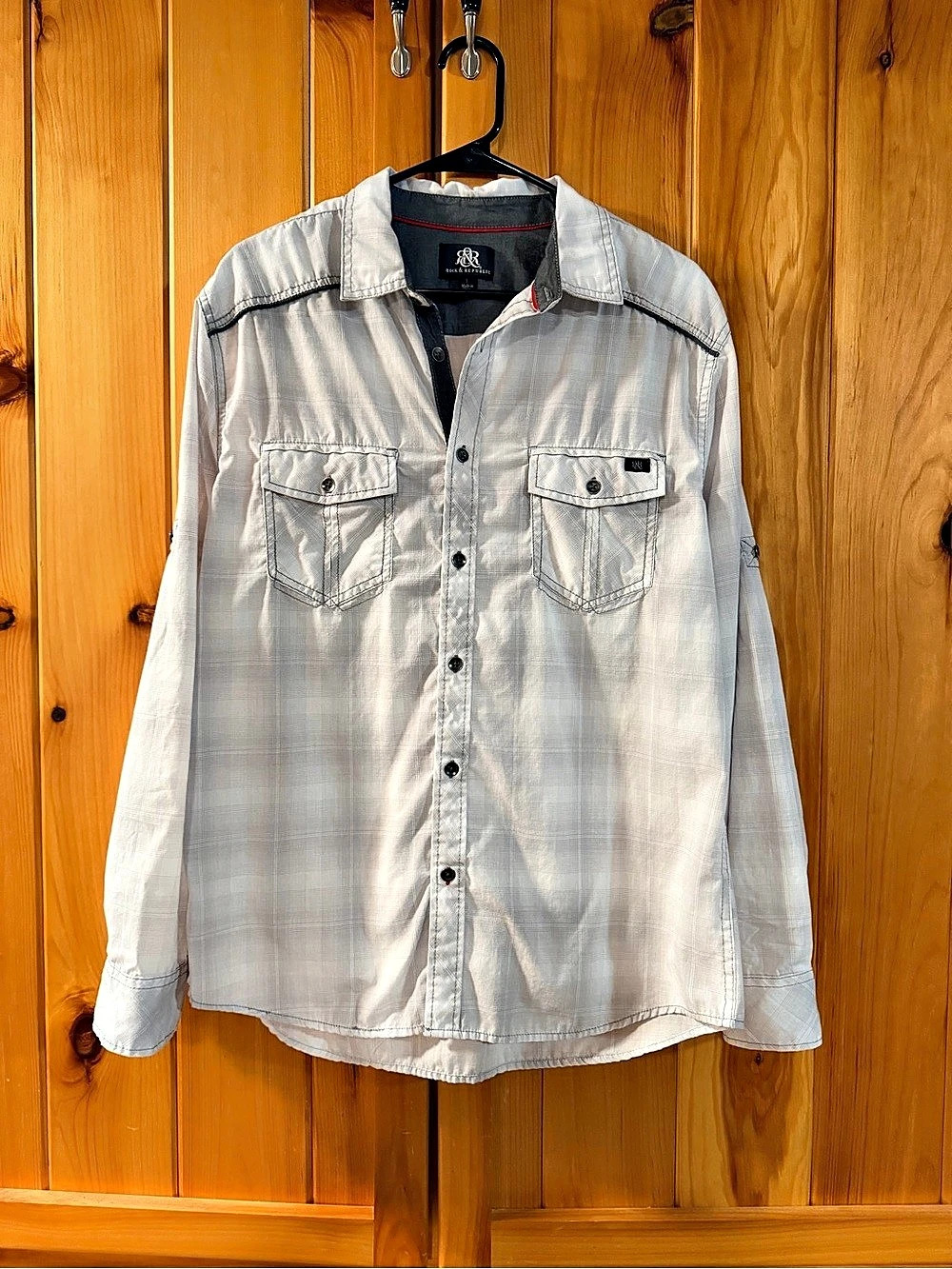 Rock & Republic Plaid Button Down Shirt in White & Gray Like New